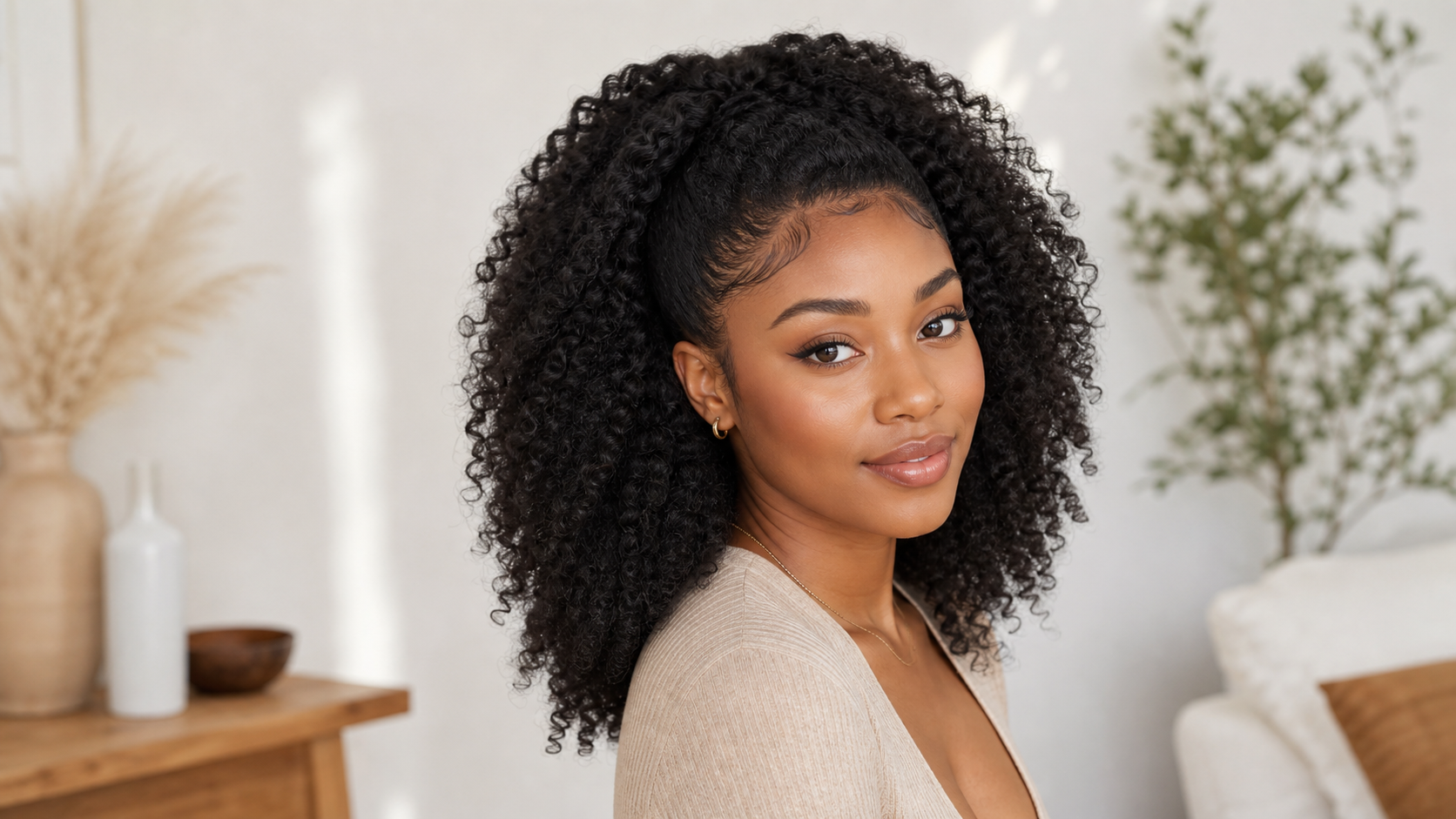 Kinky curly half wig styled for everyday natural volume and glueless protective wear