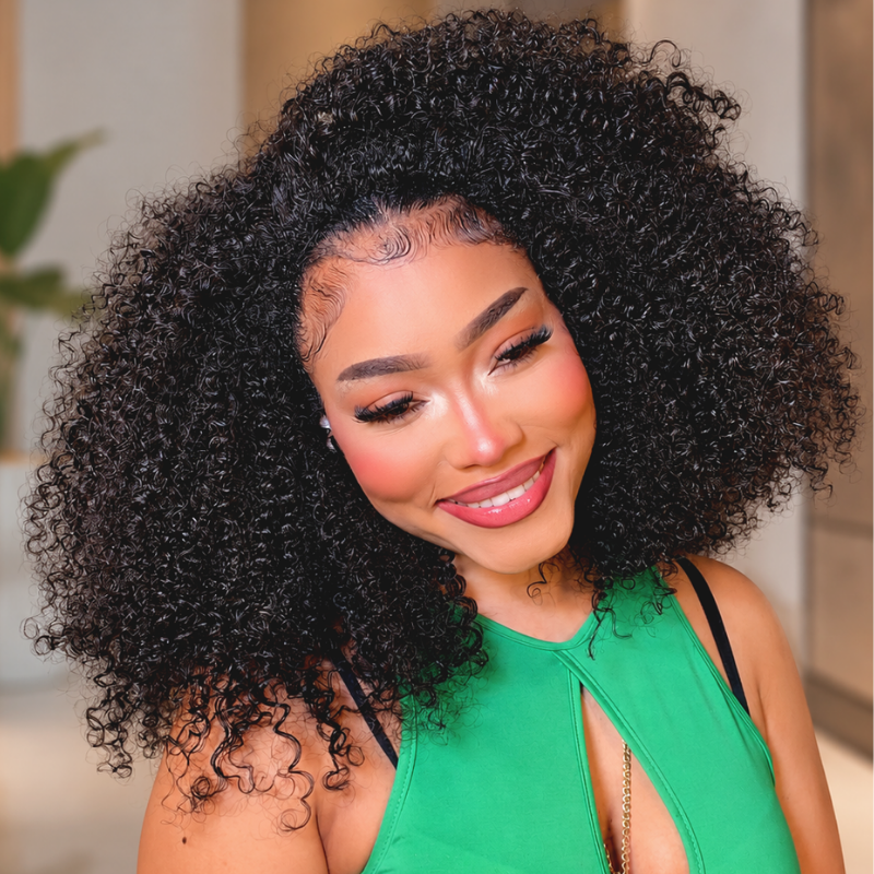 Kinky curly half wig for protective styling compared with drawstring ponytail