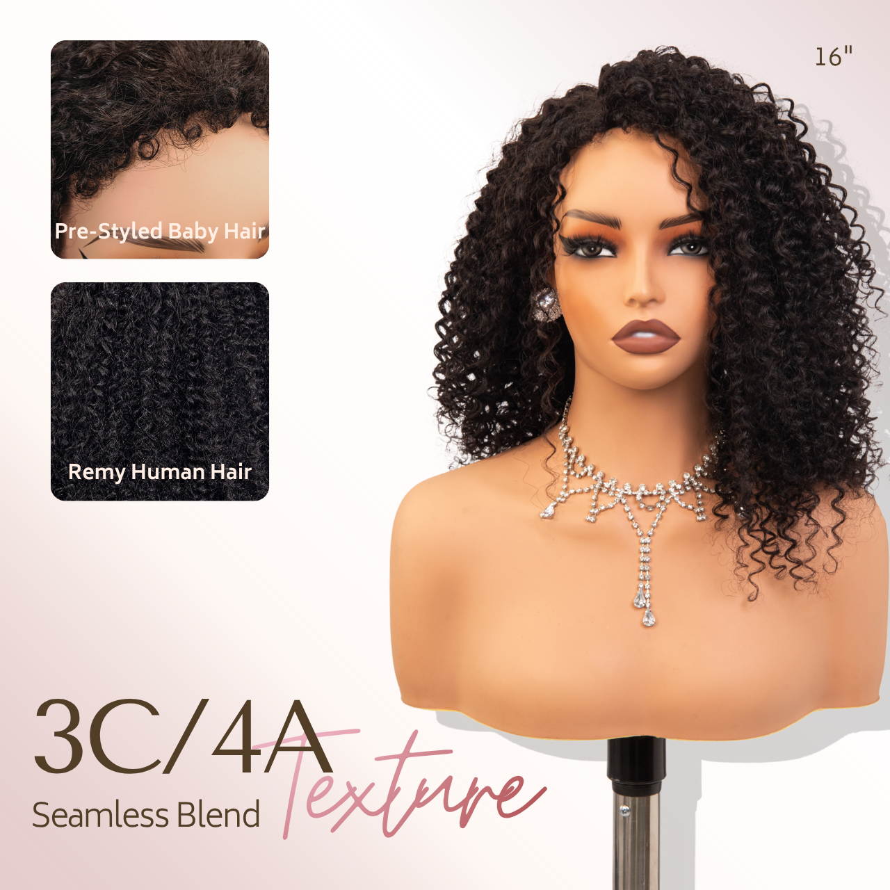 Natural black kinky curly half wig with 180 density human hair curls